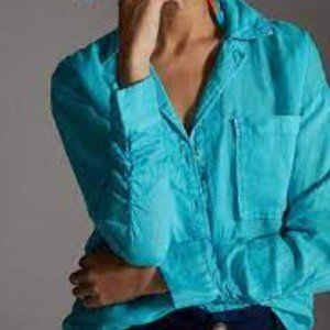 Maeve for Anthropologie Linen Turquoise Button Front Ruched Sleeve Shirt XS